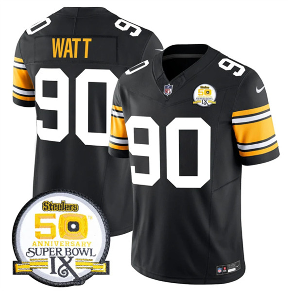 Men's Pittsburgh Steelers #90 T.J. Watt Black 2024 F.U.S.E. 50th Anniversary Of Super Bowl IX Vapor Untouchable Limited Football Stitched Jersey